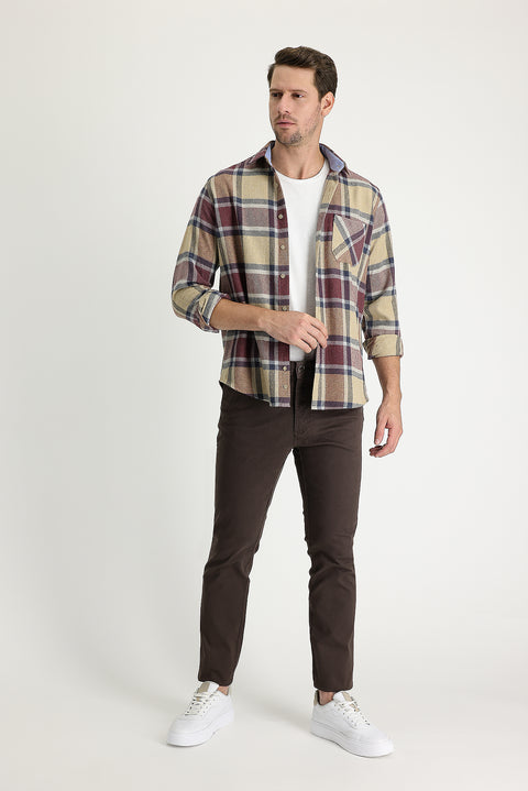 Orta Kahve Regular Fit Standart Kesim Likralı Kanvas / Chino Pantolon