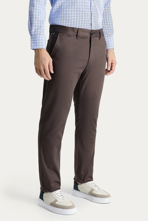 Mid Coffee Regular Fit Standard Cut Lycra Canvas / Chino Trousers