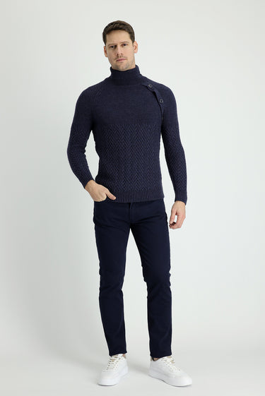 Orta Lacivert Slim Fit Dar Kesim Likralı Kanvas / Chino Pantolon