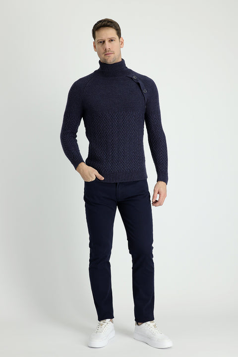 Orta Lacivert 7 Drop Slim Fit Dar Kesim Likralı Kanvas / Chino Pantolon