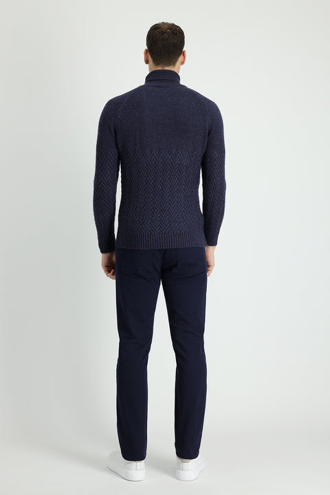 Orta Lacivert 7 Drop Slim Fit Dar Kesim Likralı Kanvas / Chino Pantolon