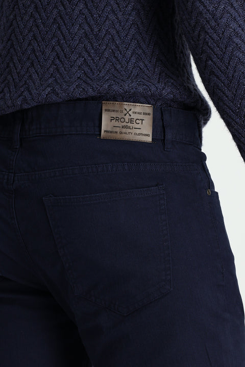 Orta Lacivert 7 Drop Slim Fit Dar Kesim Likralı Kanvas / Chino Pantolon