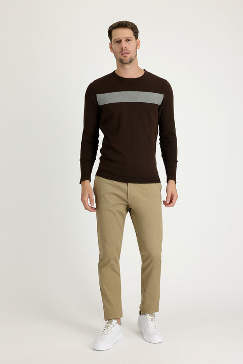 Koyu Bej Slim Fit Dar Kesim  Desenli Spor Pantolon