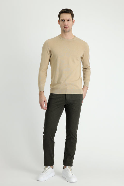 Orta Haki 7 Drop Slim Fit Dar Kesim Likralı Kanvas / Chino Pantolon