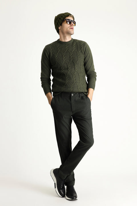 Koyu Yeşil Slim Fit Dar Kesim Beli Lastikli Likralı Kanvas / Chino Pantolon