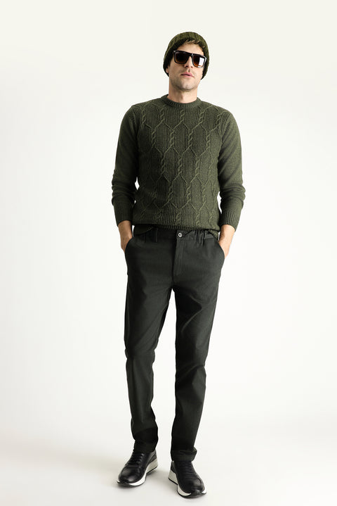 Koyu Yeşil Slim Fit Dar Kesim Beli Lastikli Likralı Kanvas / Chino Pantolon