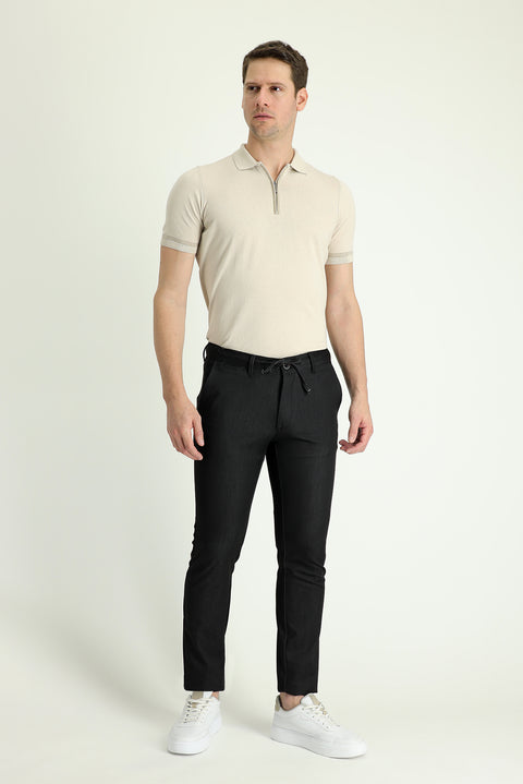 Orta Antrasit 7 Drop Slim Fit Dar Kesim Beli Lastikli İpli Pantolon