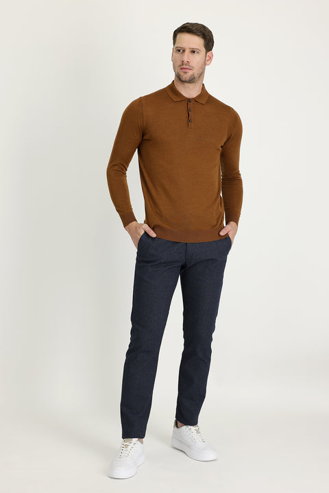 Orta Lacivert Regular Fit Standart Kesim Desenli Likralı Kanvas / Chino Pantolon