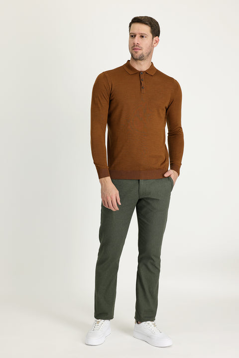 Orta Haki Regular Fit Standart Kesim Desenli Likralı Kanvas / Chino Pantolon