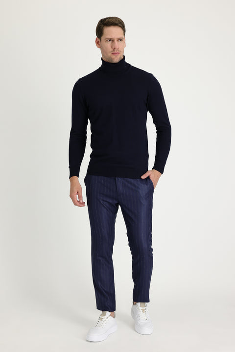 Koyu Lacivert Super Slim Fit Ekstra Dar Kesim Desenli Klasik Kumaş Pantolon