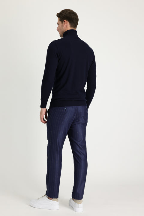 Koyu Lacivert Super Slim Fit Ekstra Dar Kesim Desenli Klasik Kumaş Pantolon