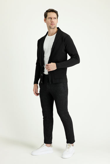 Siyah Slim Fit Dar Kesim Desenli Likralı Kanvas / Chino Pantolon