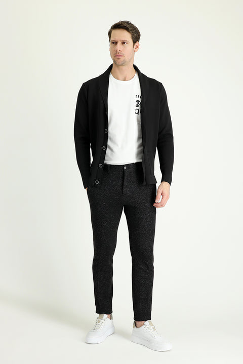 Siyah Slim Fit Dar Kesim Desenli Likralı Kanvas / Chino Pantolon