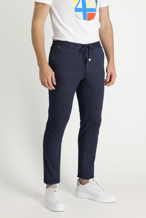 Orta Lacivert Regular Fit Standart Kesim Beli Lastikli İpli Desenli Pantolon