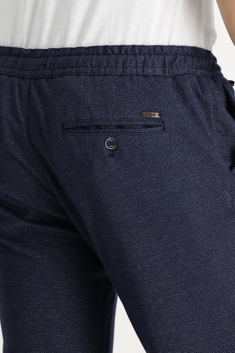 Orta Lacivert Regular Fit Standart Kesim Beli Lastikli İpli Desenli Pantolon