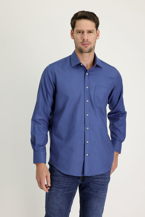 Orta Lacivert Uzun Kol Regular Fit Desenli Pamuk Gömlek