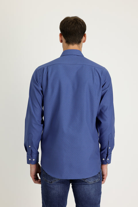 Orta Lacivert Uzun Kol Regular Fit Desenli Pamuk Gömlek