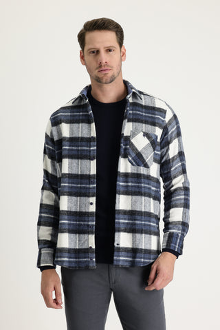  Koyu Mavi  Uzun Kol Regular Fit Ekose Shacket Oduncu Gömlek