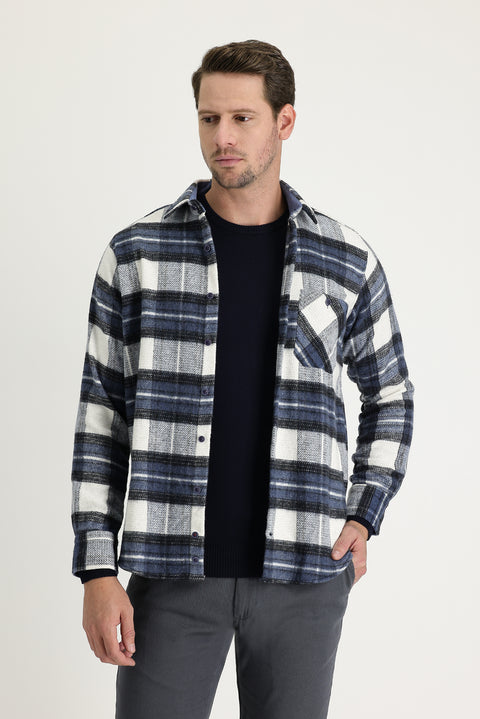 Koyu Mavi  Uzun Kol Regular Fit Ekose Shacket Oduncu Gömlek