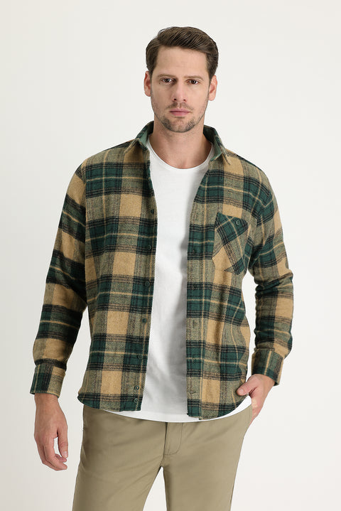 Koyu Yeşil Uzun Kol Regular Fit Ekose Shacket Oduncu Gömlek