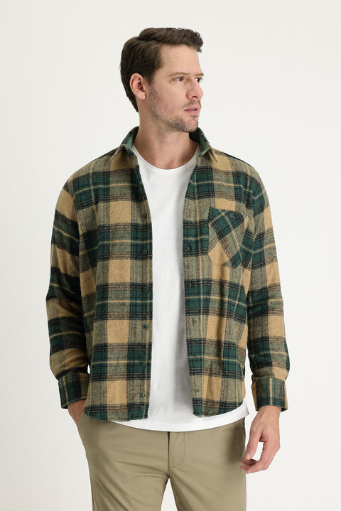 Koyu Yeşil Uzun Kol Regular Fit Ekose Shacket Oduncu Gömlek