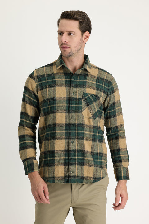 Koyu Yeşil Uzun Kol Regular Fit Ekose Shacket Oduncu Gömlek