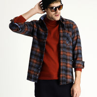 Koyu Mavi  Uzun Kol Regular Fit Ekose Shacket Oduncu Pamuklu Gömlek