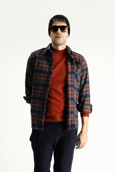 Koyu Mavi  Uzun Kol Regular Fit Ekose Shacket Oduncu Pamuklu Gömlek