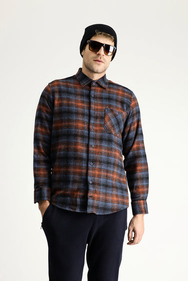 Koyu Mavi  Uzun Kol Regular Fit Ekose Shacket Oduncu Pamuklu Gömlek