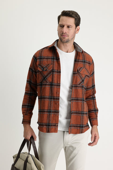 Taba Uzun Kol Regular Fit Ekose Shacket Oduncu Pamuklu Gömlek
