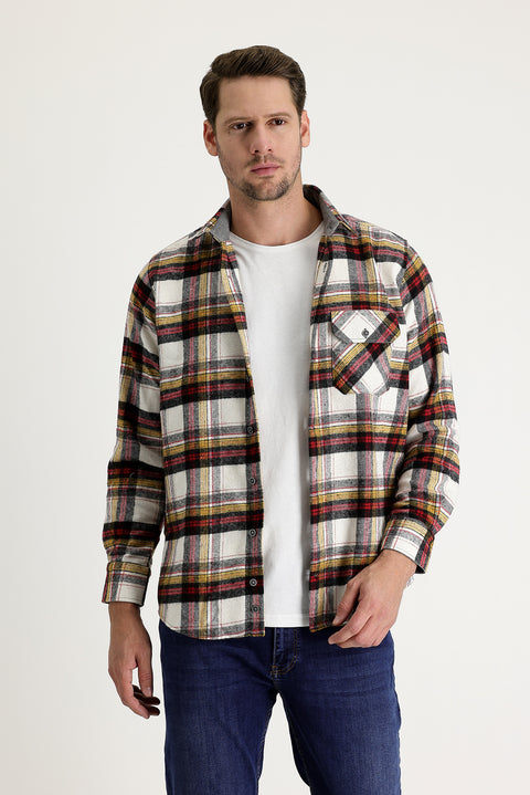 Ekru Uzun Kol Regular Fit Ekose Shacket Oduncu Pamuklu Gömlek