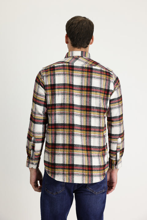 Ekru Uzun Kol Regular Fit Ekose Shacket Oduncu Pamuklu Gömlek