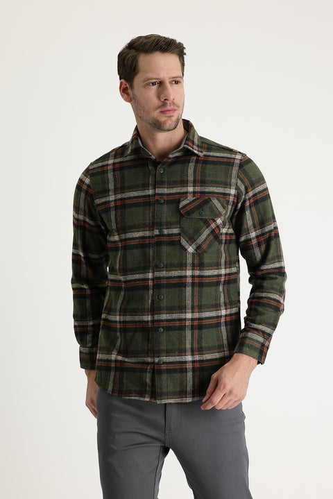 Koyu Yeşil Regular Fit Ekose Shacket Oduncu Pamuklu Gömlek