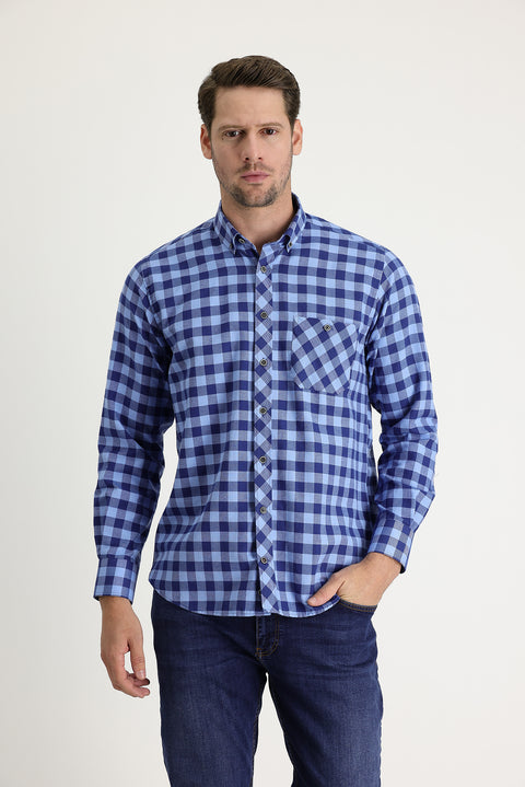Açık Lacivert Regular Fit Ekose Shacket Pamuk Gömlek