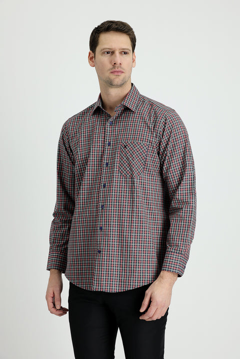 Koyu Kırmızı Uzun Kol Regular Fit Ekose Pamuk Gömlek