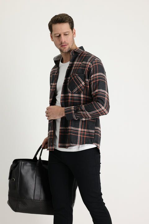 Siyah Regular Fit Ekose Shacket Oduncu Pamuklu Gömlek