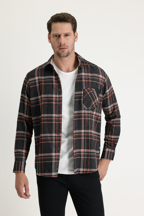 Siyah Regular Fit Ekose Shacket Oduncu Pamuklu Gömlek