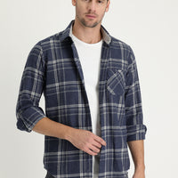 Koyu Lacivert Regular Fit Ekose Shacket Pamuklu Gömlek