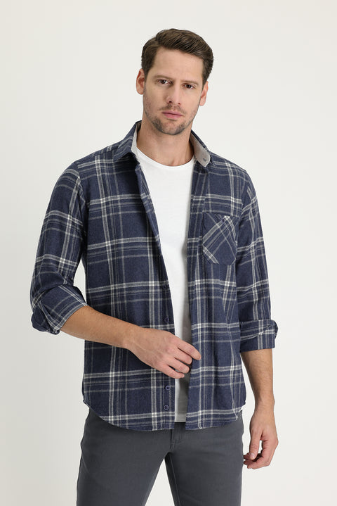 Koyu Lacivert Regular Fit Ekose Shacket Gömlek