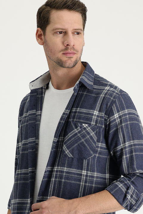 Koyu Lacivert Regular Fit Ekose Shacket Gömlek