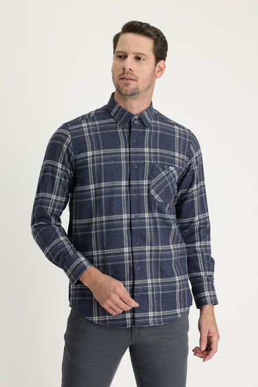 Koyu Lacivert Regular Fit Ekose Shacket Pamuklu Gömlek