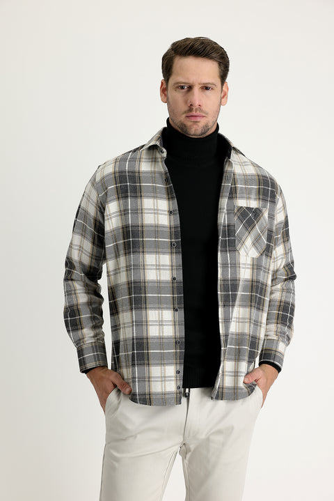 Açık Bej Regular Fit Ekose Shacket Oduncu Pamuklu Gömlek