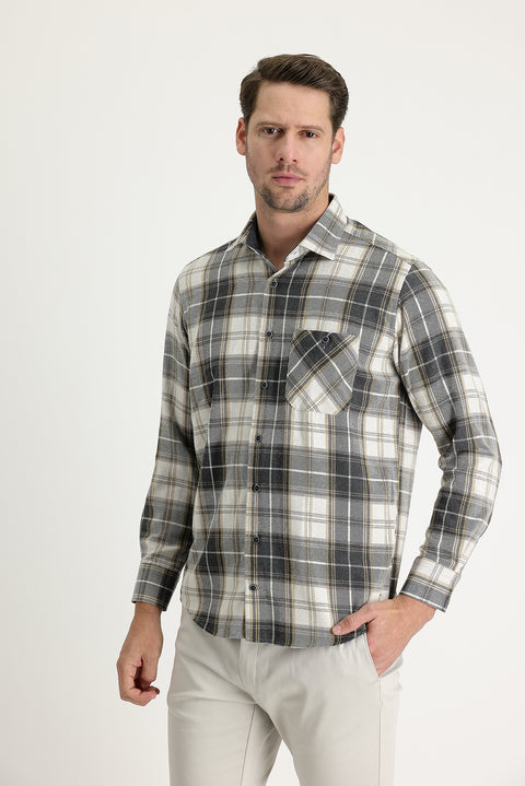 Açık Bej Regular Fit Ekose Shacket Oduncu Pamuklu Gömlek