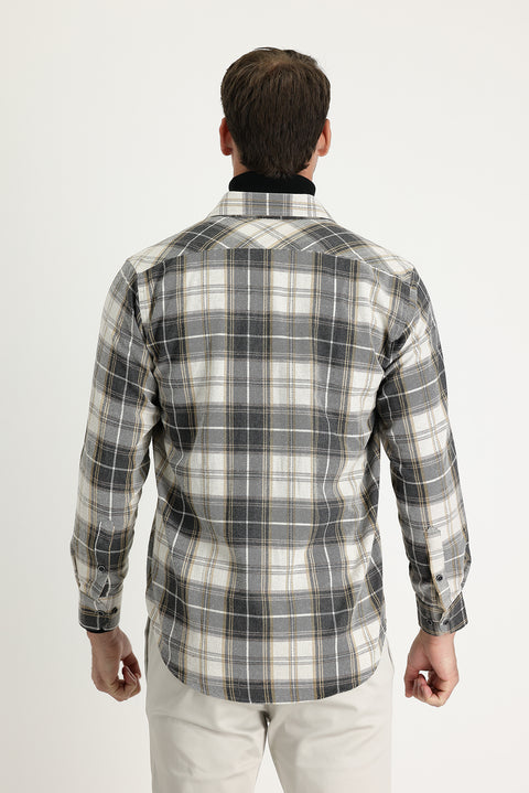 Açık Bej Regular Fit Ekose Shacket Oduncu Pamuklu Gömlek