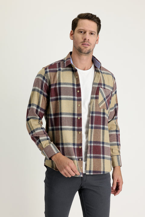 Koyu Bej Regular Fit Ekose Shacket Oduncu Pamuklu Gömlek