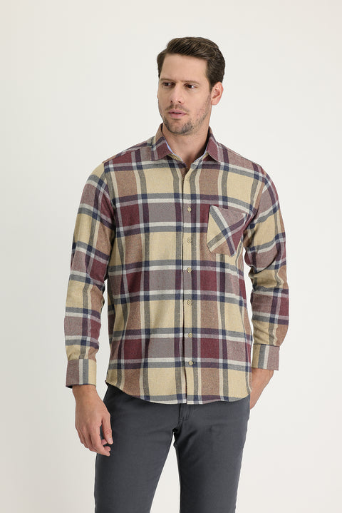 Koyu Bej Regular Fit Ekose Shacket Oduncu Pamuklu Gömlek