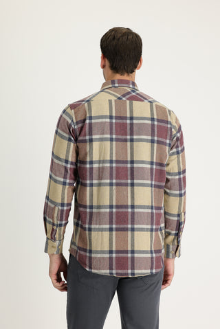  Koyu Bej Regular Fit Ekose Shacket Oduncu Pamuklu Gömlek
