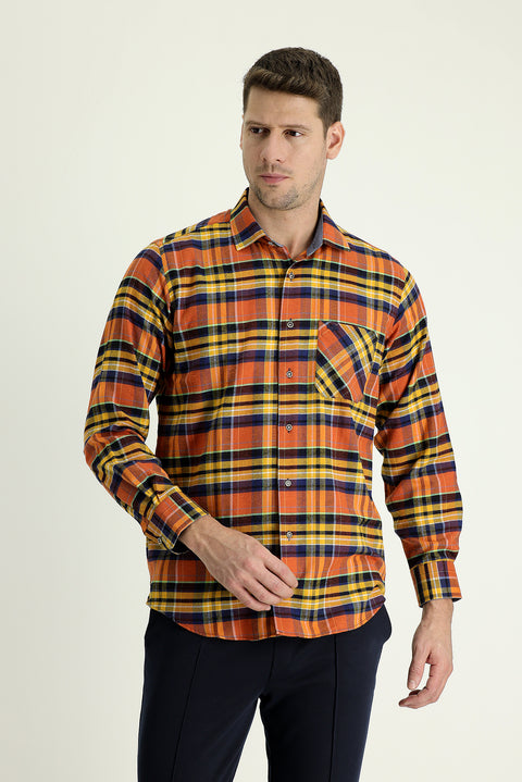 Orta Turuncu Uzun Kol Regular Fit Ekose Oduncu Pamuklu Kolay Ütülenebilir Gömlek