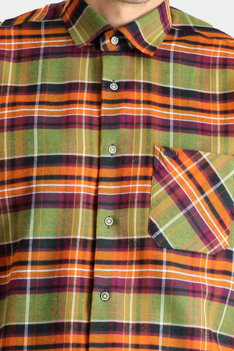 Yağ Yeşili Uzun Kol Regular Fit Ekose Oduncu Pamuklu Kolay Ütülenebilir Gömlek