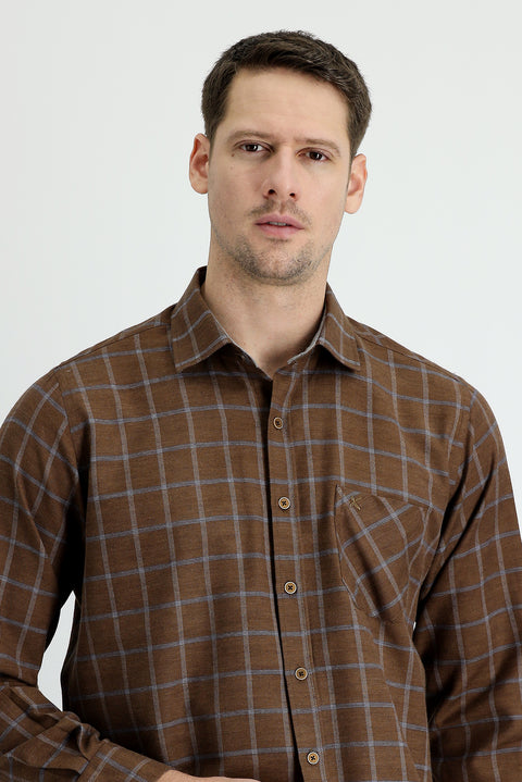 Medium Brown Long Sleeve Regular Fit Plaid Lumberjack Easy Iron Cotton Shirt